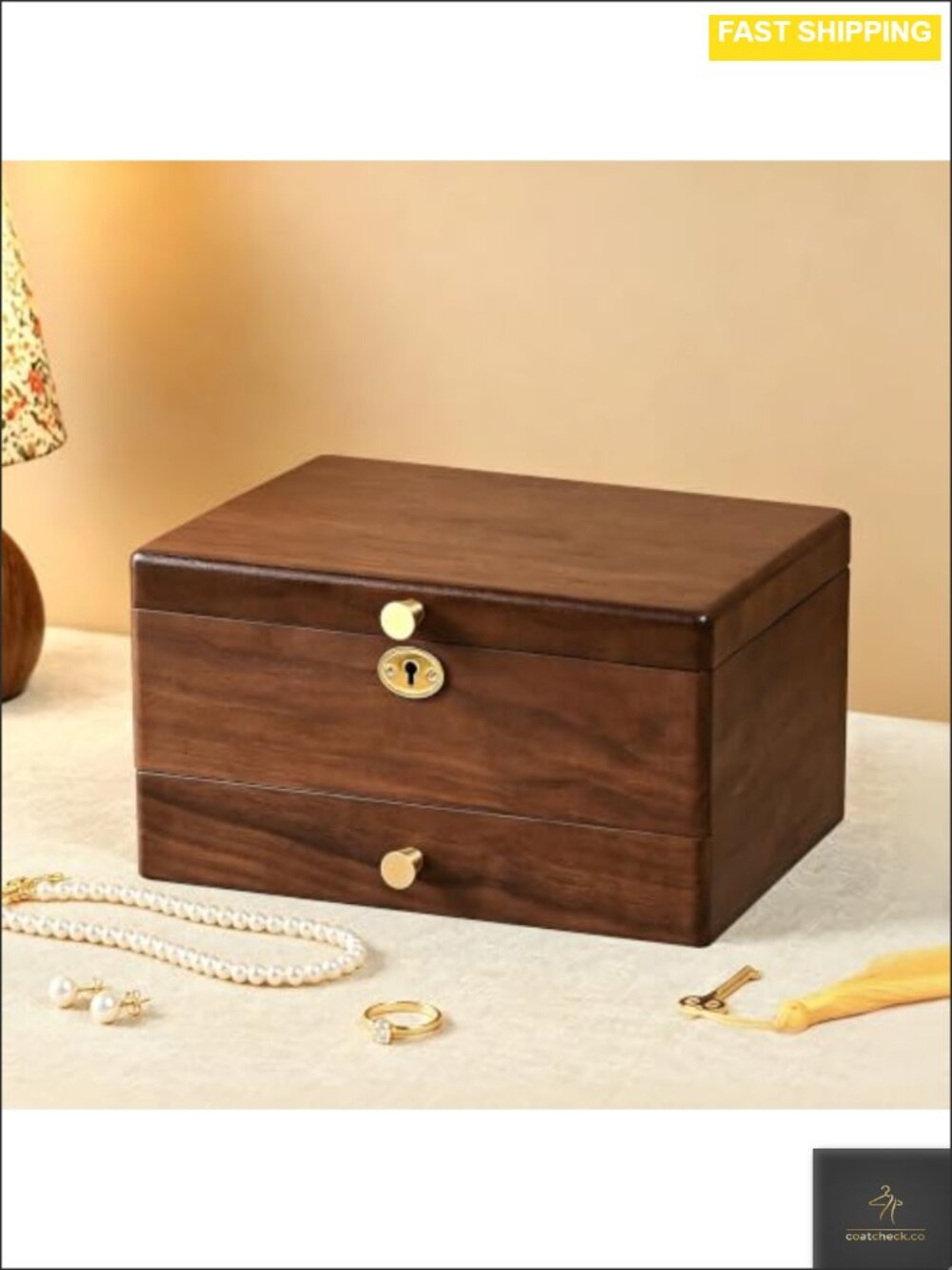 Black Walnut Jewelry Box 3 Layer Top Lock Wooden Organizer Case for Women